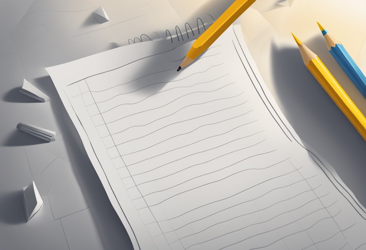 A blank sheet of paper with "Tips For Brainstorming The Perfect Name" written in cursive at the top. A pencil and eraser nearby