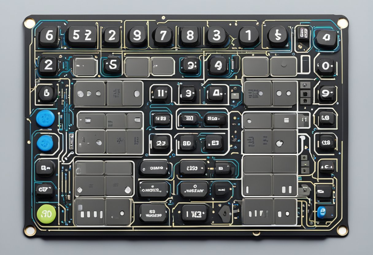 The Adafruit membrane keypad lays flat on a circuit board, with 12 buttons arranged in a 3x4 grid. The buttons are labeled with numbers and symbols, and the entire keypad is encased in a thin, flexible membrane