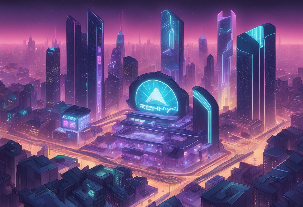 A neon-lit cityscape with futuristic skyscrapers and holographic billboards displaying names like "Zephyr" and "Nova" for cyberpunk babies