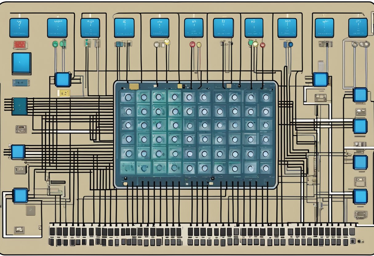 An Arduino board connected to a 4x4 button matrix, with wires neatly arranged and labeled. The buttons are evenly spaced and illuminated