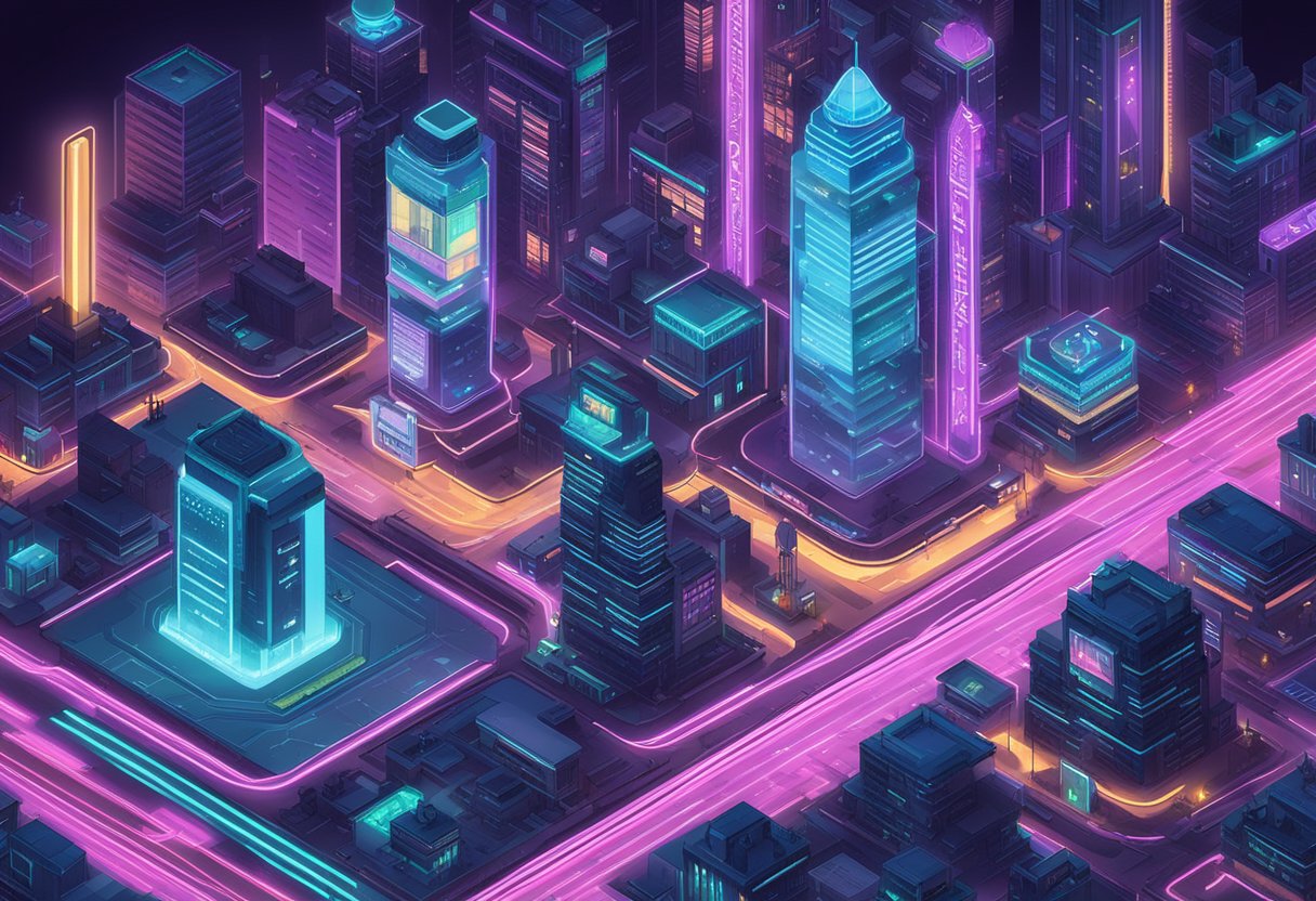 A neon-lit cityscape with futuristic buildings and glowing signs, showcasing a list of "Best Names cyberpunk baby names" in bold, digital lettering