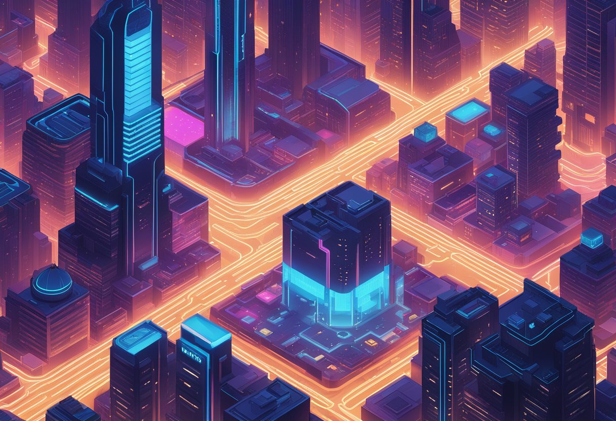 A neon-lit cityscape with futuristic buildings and a digital screen displaying "Good Names cyberpunk baby names" in bold, glowing letters