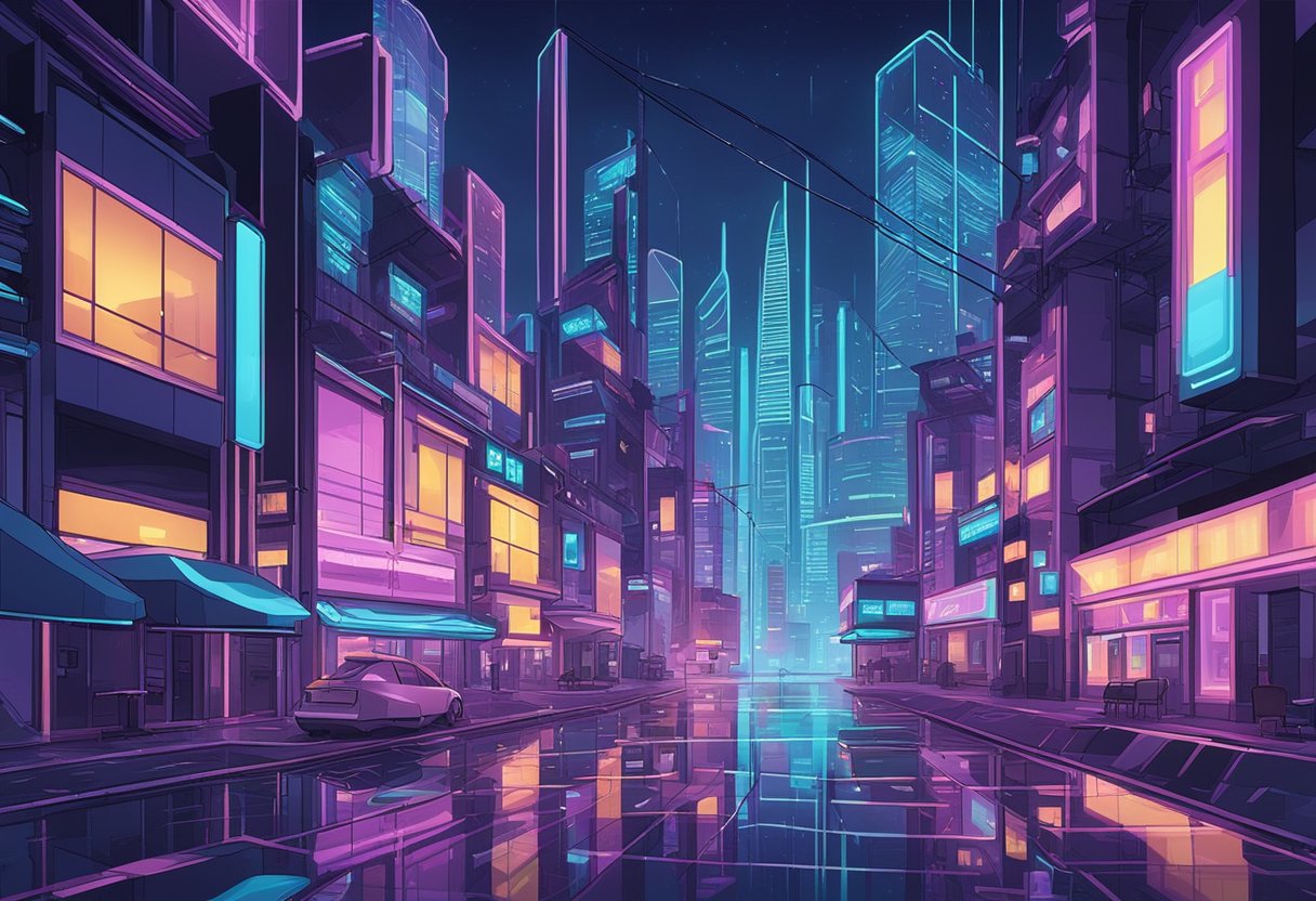 A neon-lit cityscape with futuristic buildings and glowing signs, reflecting off wet pavement