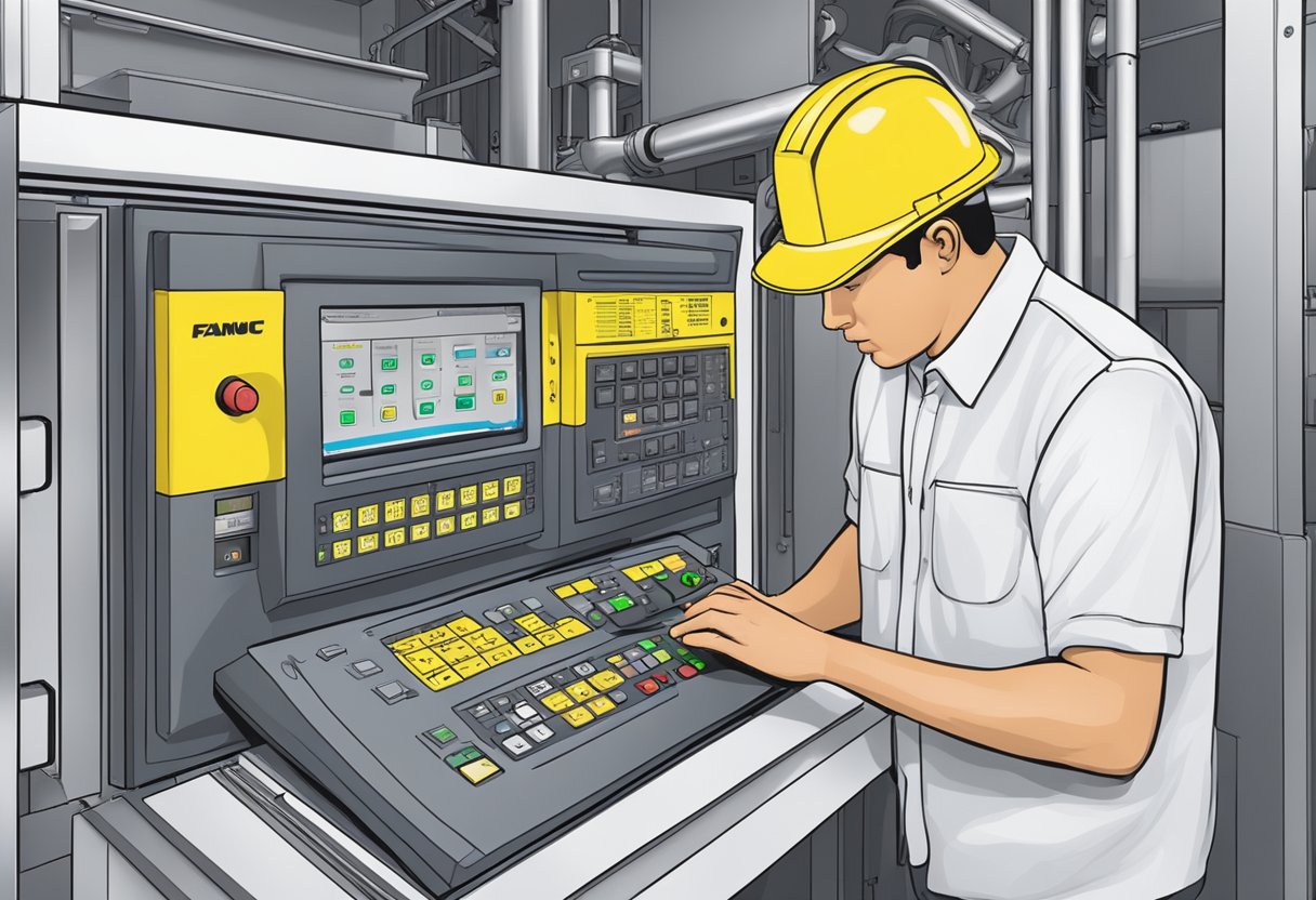 A technician installs a Fanuc keypad membrane onto a control panel, pressing it firmly into place
