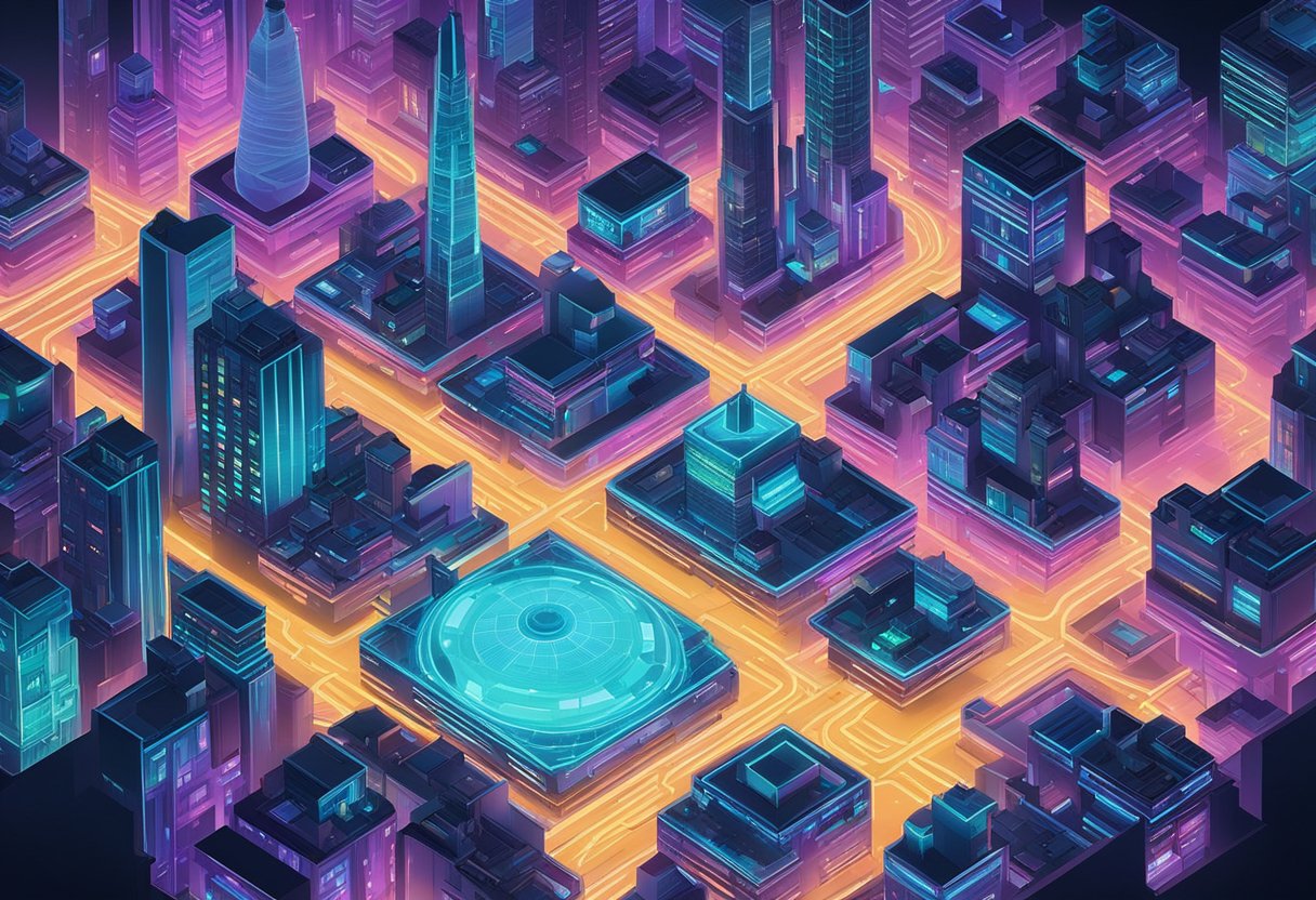 A neon-lit cityscape with futuristic buildings and flying vehicles, showcasing a blend of technology and urban decay