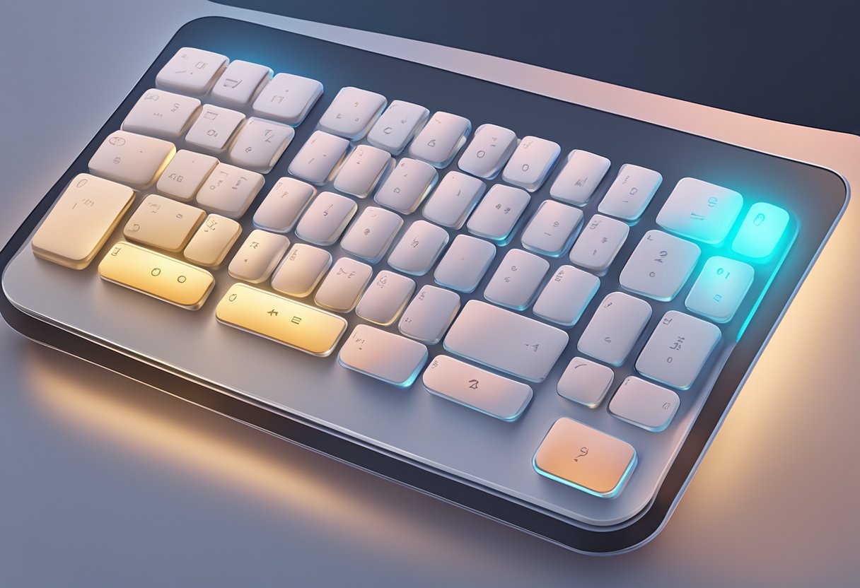 A hand presses a membrane keypad, with visible tactile buttons and a sleek, modern design. The keypad is backlit, with soft, glowing indicators