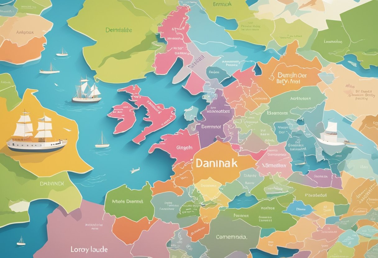 A colorful array of Danish baby names floats above a map of Denmark