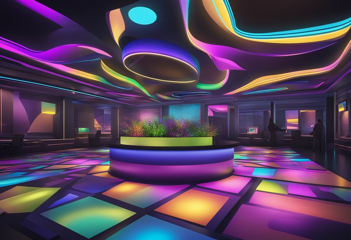 Vibrant custom LED systems illuminate a dark room, casting colorful patterns and creating a futuristic ambiance