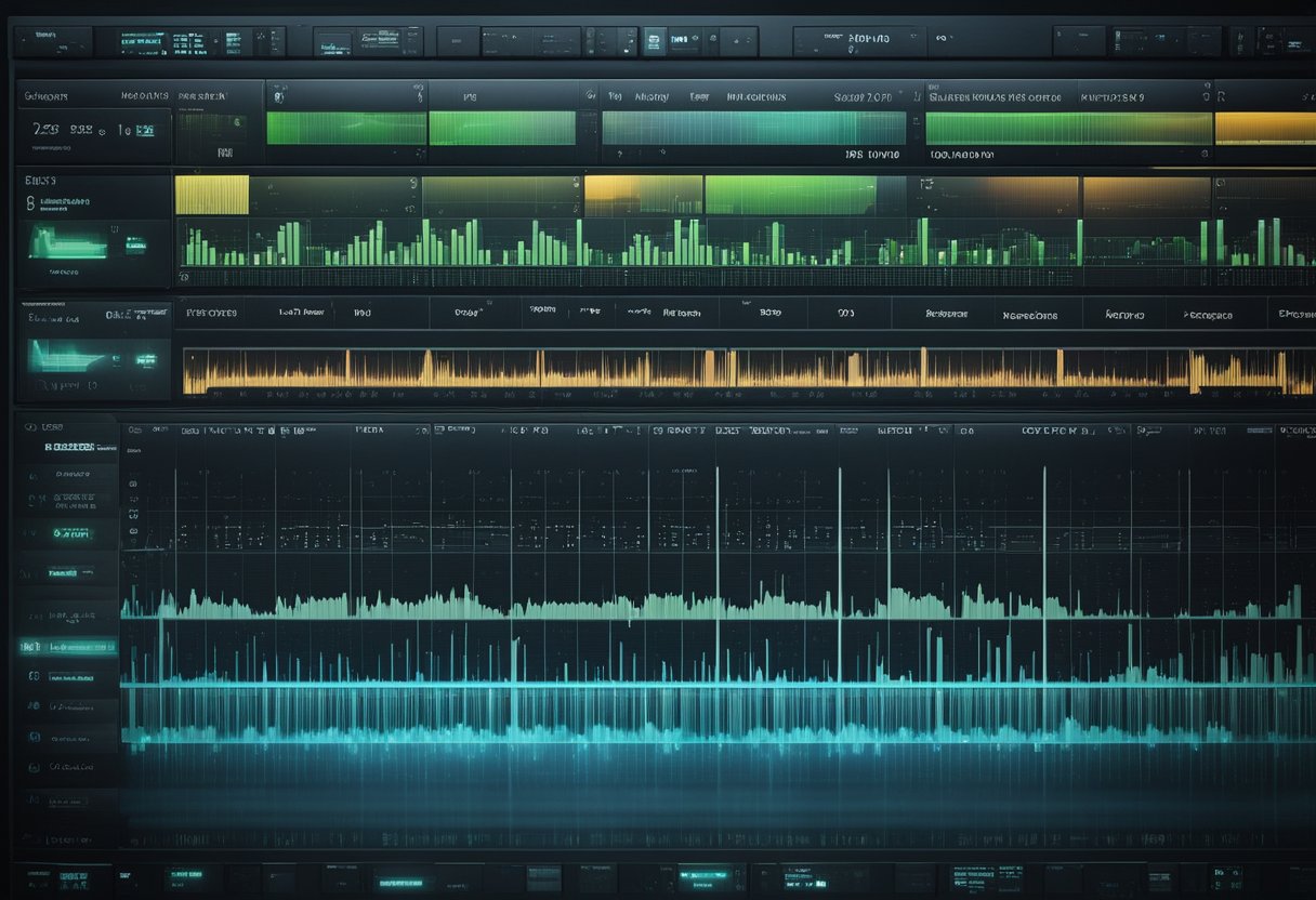 A computer screen displays a music production software interface. Various audio tracks are being mixed and mastered, with waveforms and equalizer settings visible
