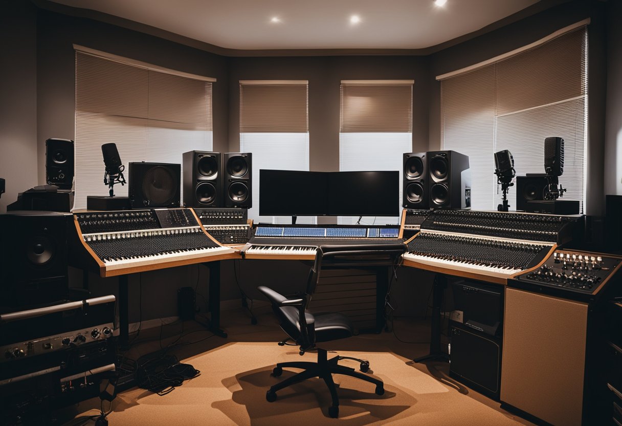 A clutter-free home studio with soundproofing, acoustic treatment, and organized equipment for music production