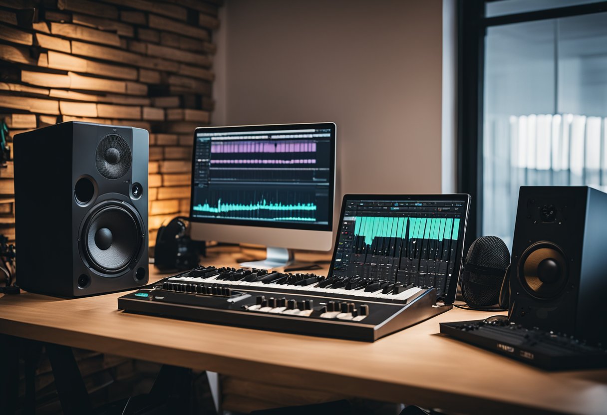 A home studio with a computer, MIDI keyboard, audio interface, studio monitors, and acoustic treatment for optimal music production
