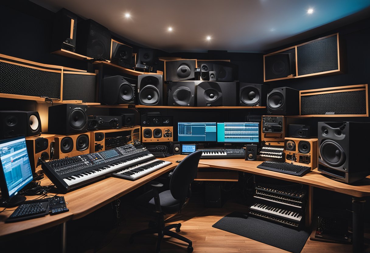 A cluttered home studio with soundproofing panels, multiple monitors, MIDI keyboards, and various audio equipment arranged for optimal workflow