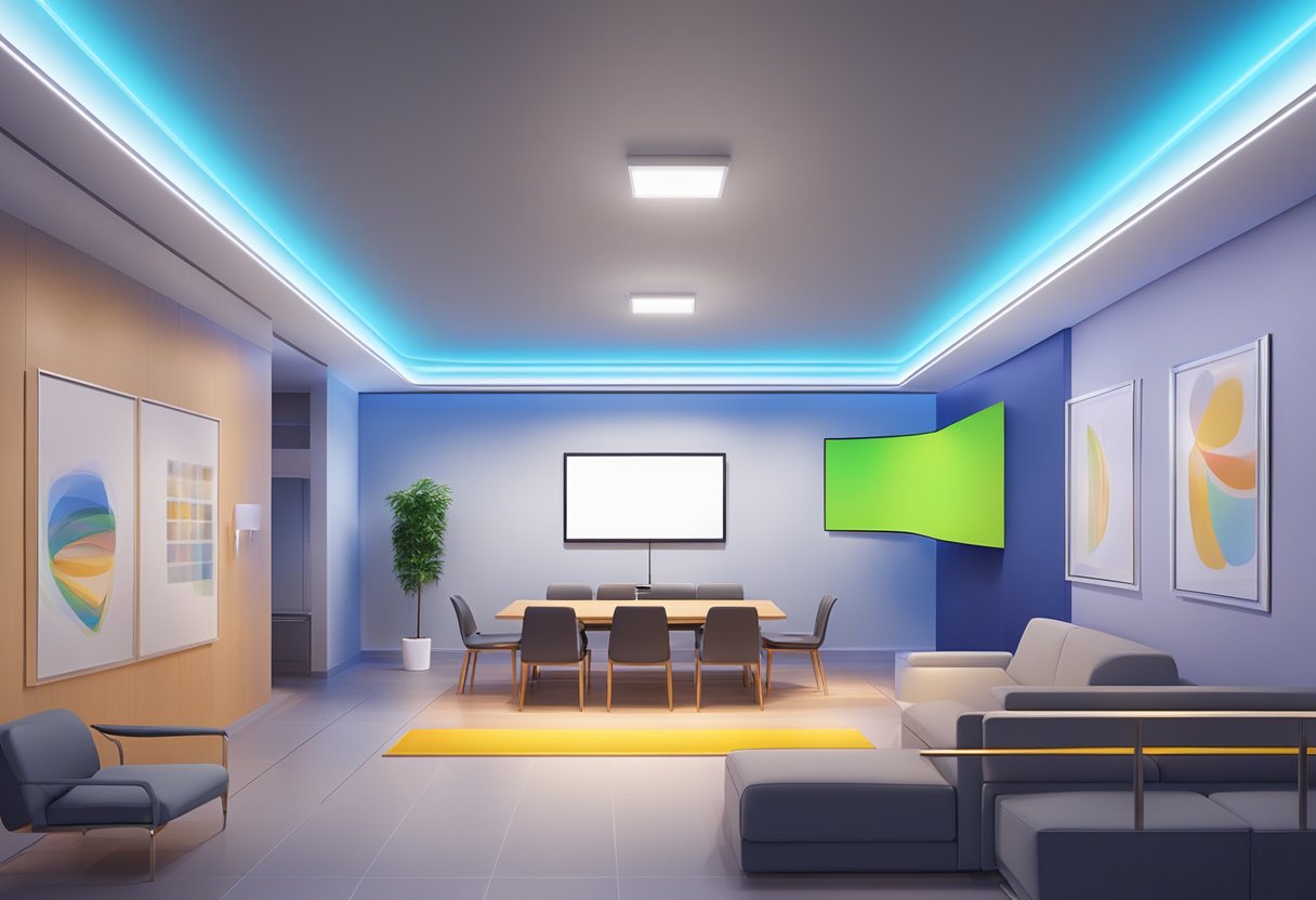 A room with a flat panel LED lighting system installed on the ceiling, emitting bright, even light throughout the space