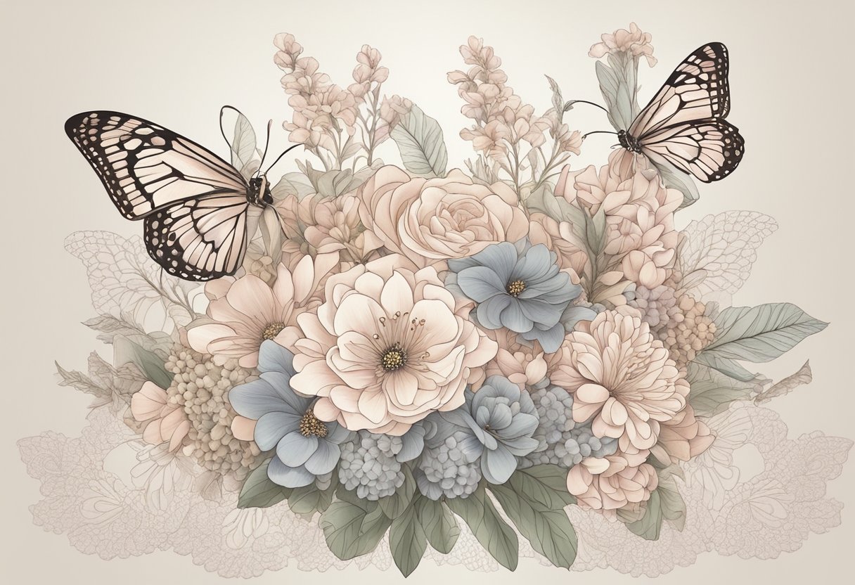 A delicate bouquet of flowers with soft pastel colors, surrounded by fluttering butterflies and delicate lace ribbons