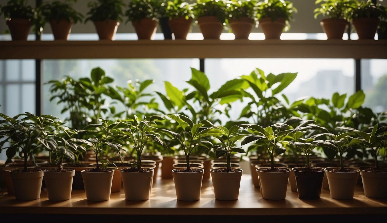 A variety of coffee plants arranged in pots, with different leaf shapes and sizes, growing indoors under warm, filtered light