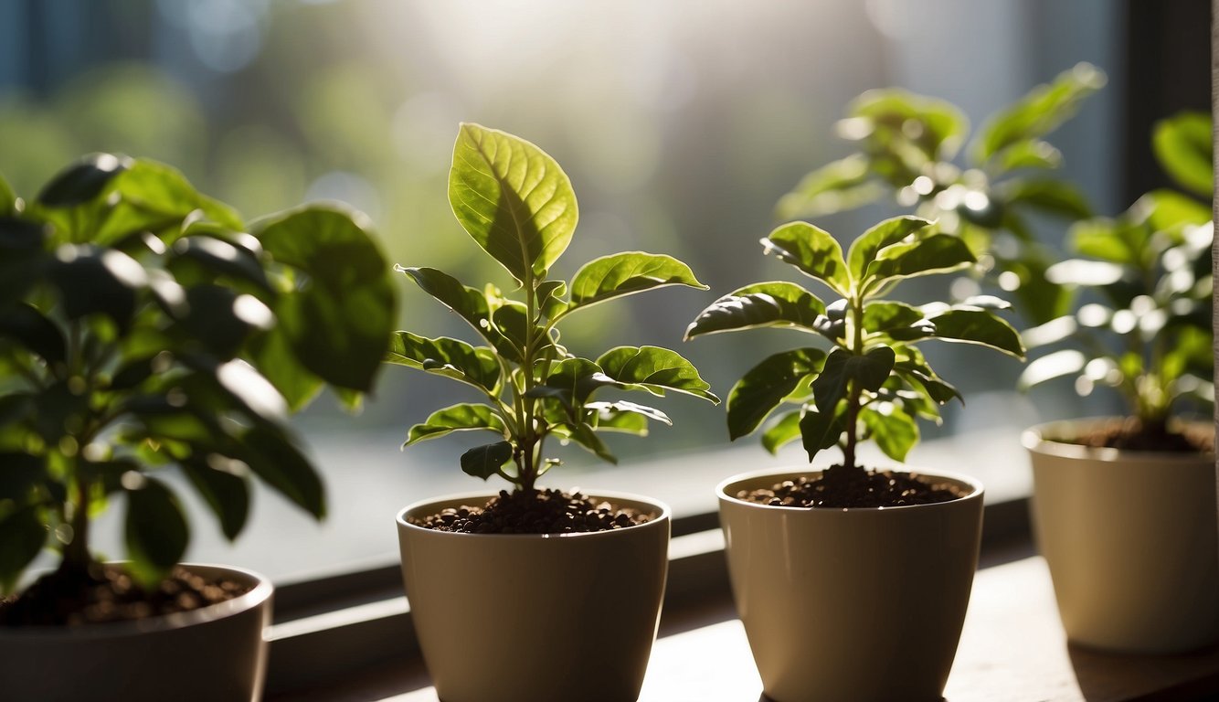 Coffee plants sit in small pots on a sunny windowsill. A person carefully waters and fertilizes the plants, ensuring they have enough light and warmth to thrive