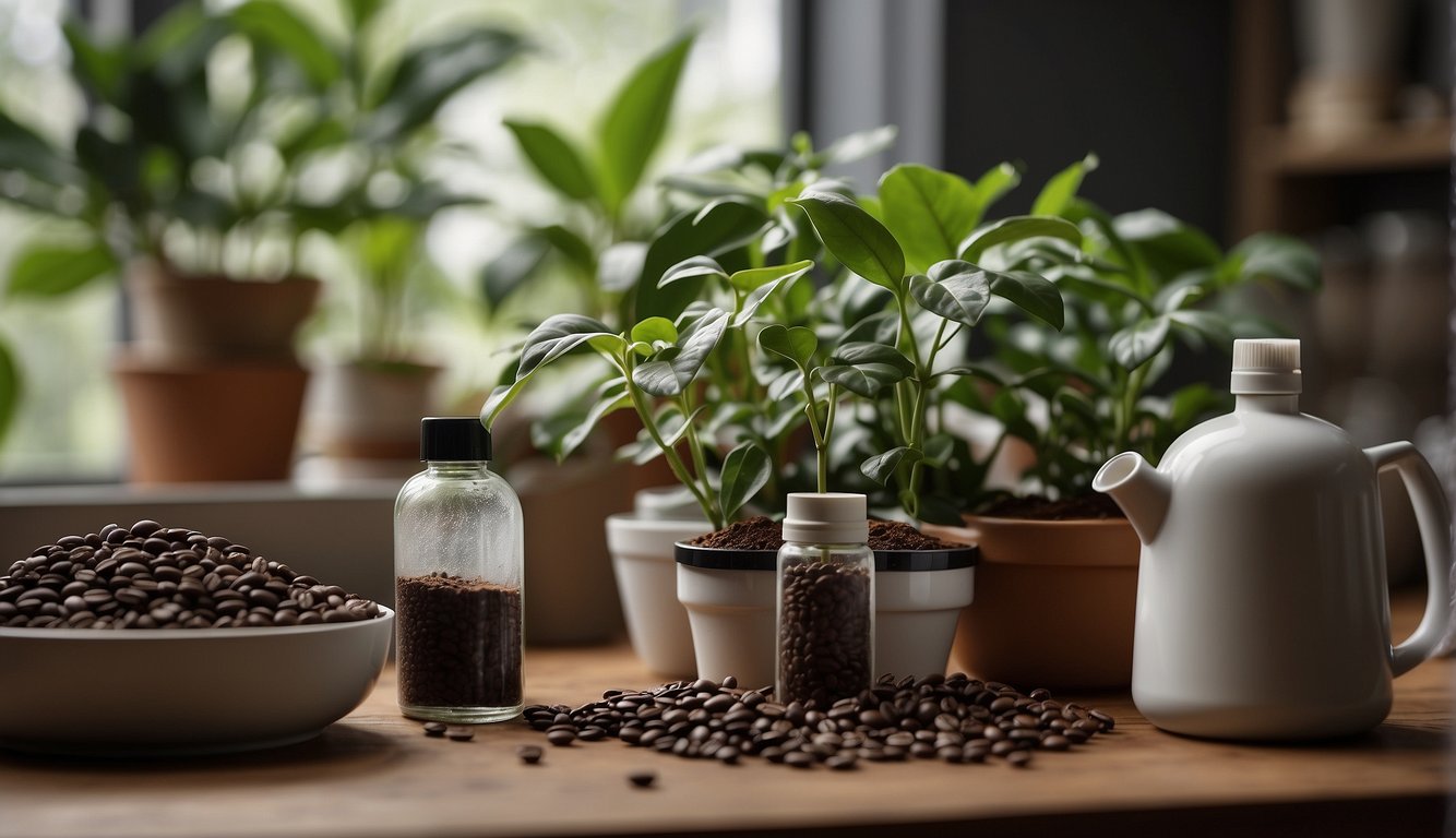 Coffee plants indoors, surrounded by pest control products and disease prevention tools. Spray bottles, gloves, and natural remedies are visible