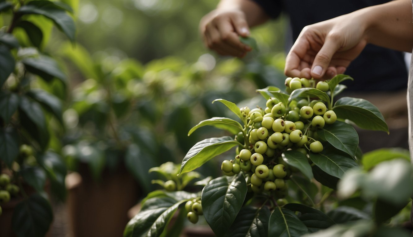Lush green coffee plants in pots, blooming with white flowers. Hands gently plucking ripe coffee cherries