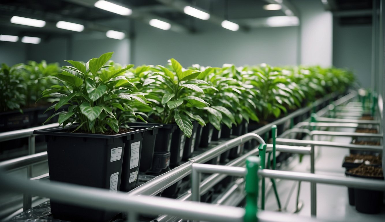 Lush green coffee plants surrounded by protective barriers and labeled safety equipment in a well-lit indoor space