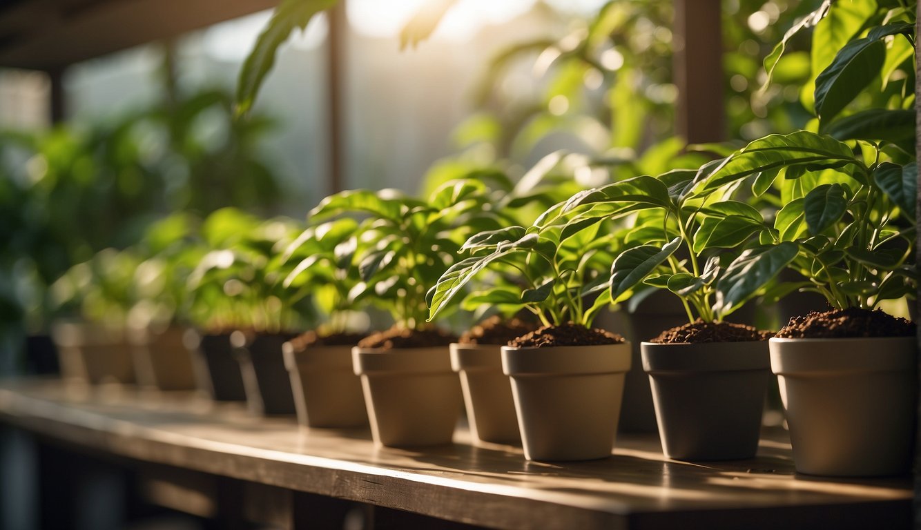 Lush green coffee plants thrive in a sunlit indoor space, surrounded by carefully placed pots and soil, with a gentle misting system to maintain ideal humidity levels