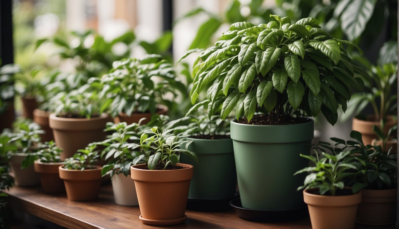 Lush green coffee plants thriving in pots, surrounded by indoor gardening supplies and a helpful FAQ guide