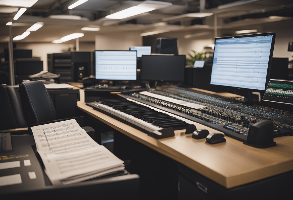 A bustling music studio with shelves of sheet music and rows of computers for distribution. A stack of licensing contracts sits on a desk, while a royalty check is being printed