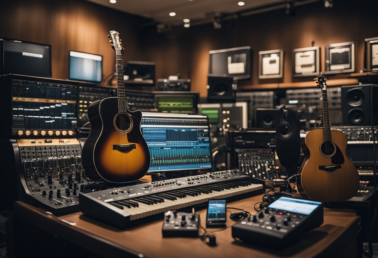 A diverse array of musical instruments and recording equipment set against a backdrop of streaming platforms and royalty collection agencies