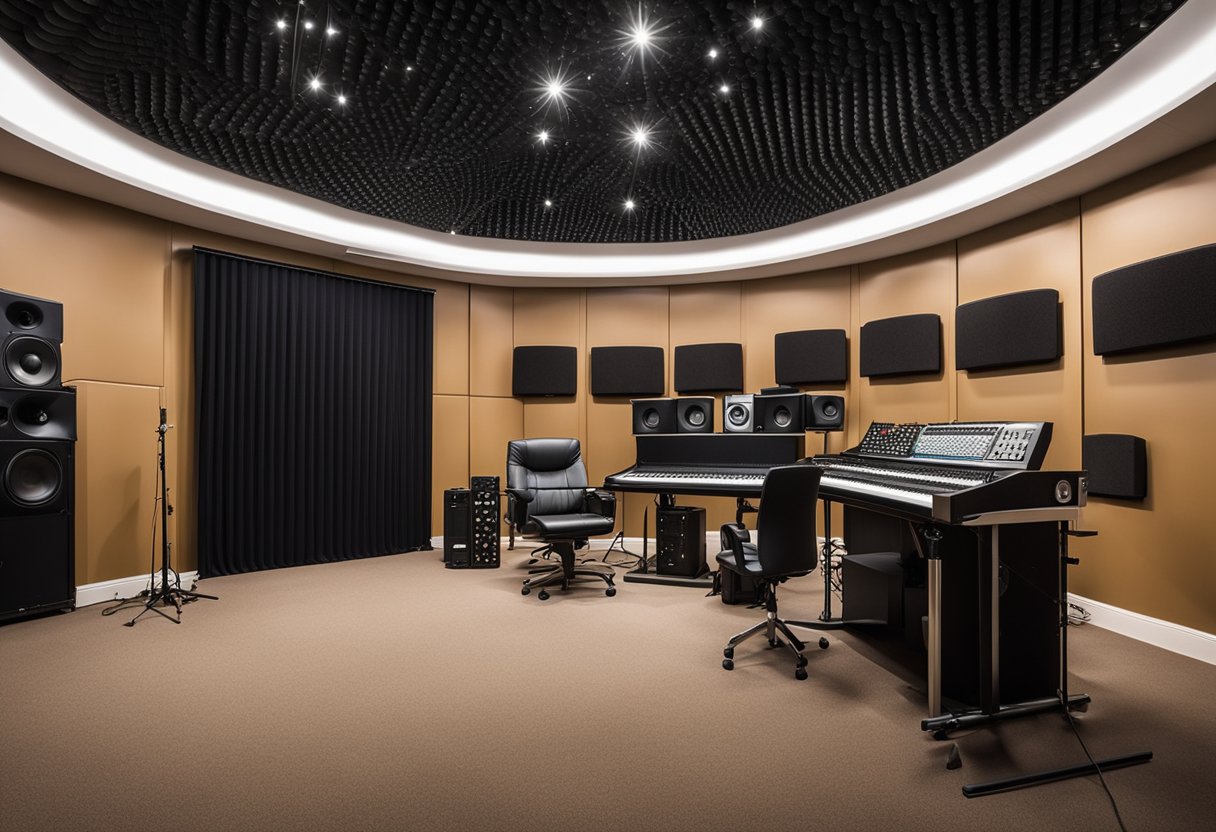 A music studio with soundproofing panels on the walls and ceiling, bass traps in the corners, and diffusers to control reflections