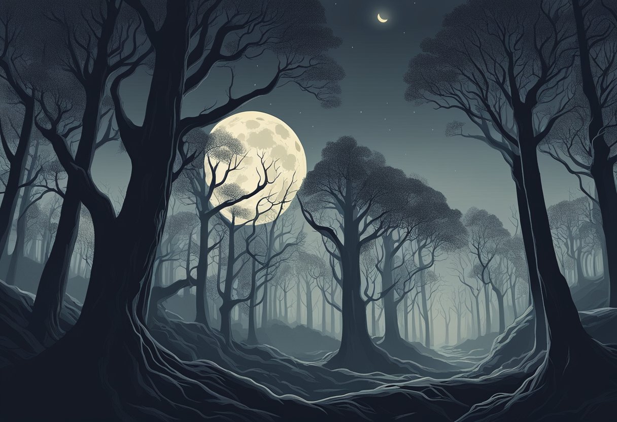 A shadowy forest with eerie, twisted trees and a full moon casting an ominous glow