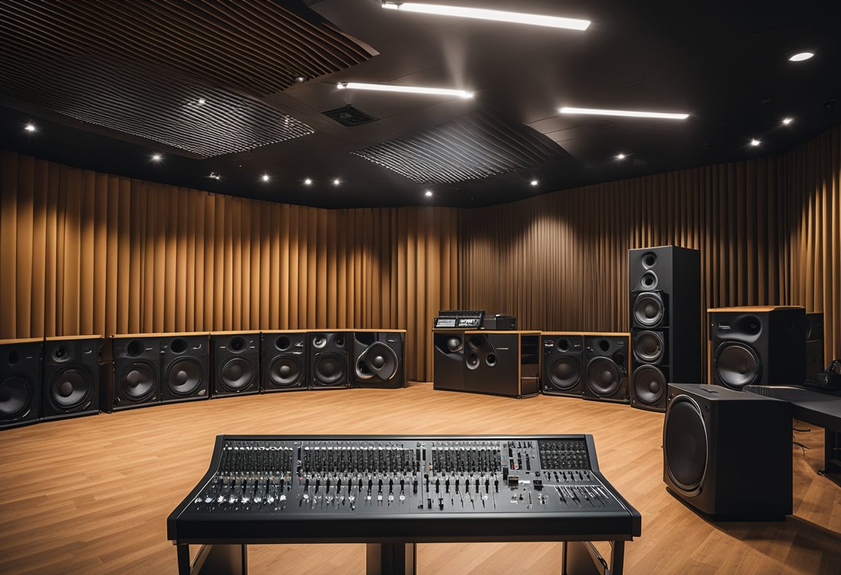 A room with soundproofing panels on the walls and ceiling, diffusers in the corners, and bass traps in the corners. A mixing desk and speakers are positioned in the center of the room