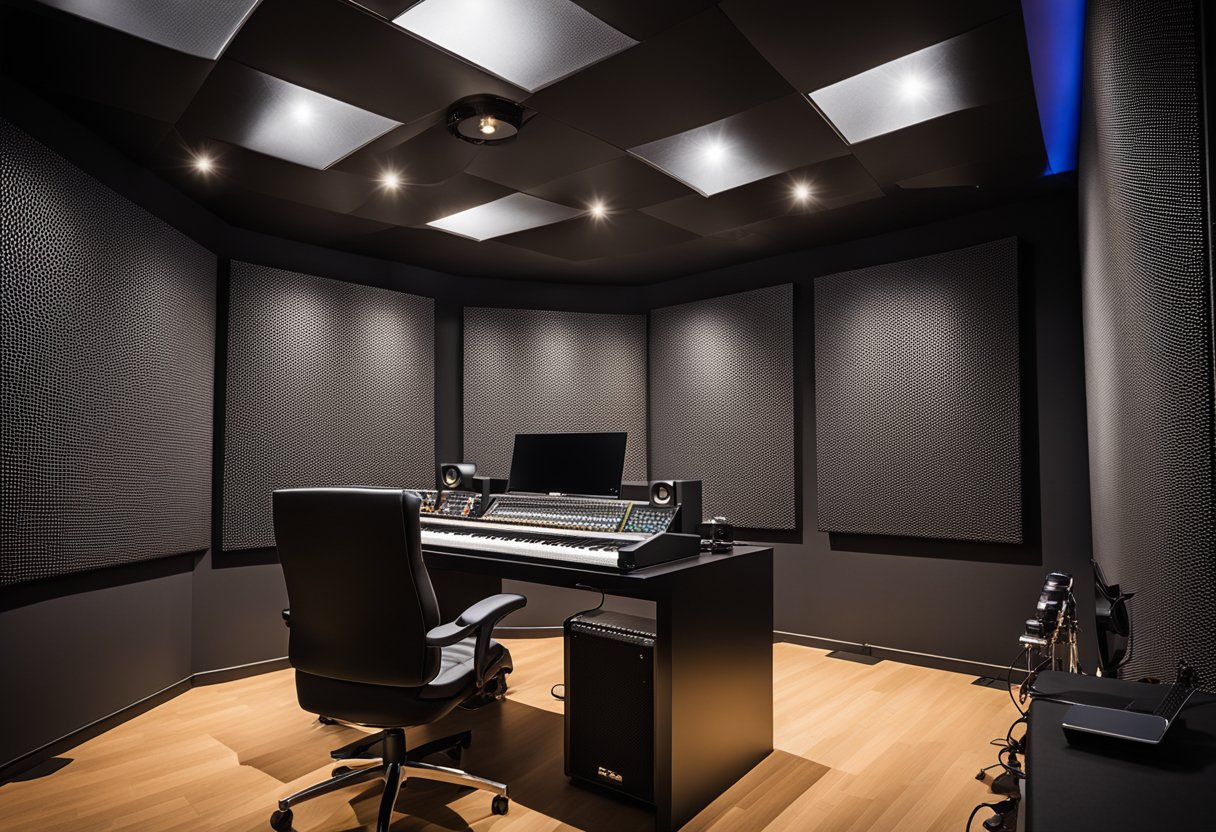 A recording studio with soundproofing panels on the walls and ceiling, bass traps in the corners, and diffusers to control sound reflections