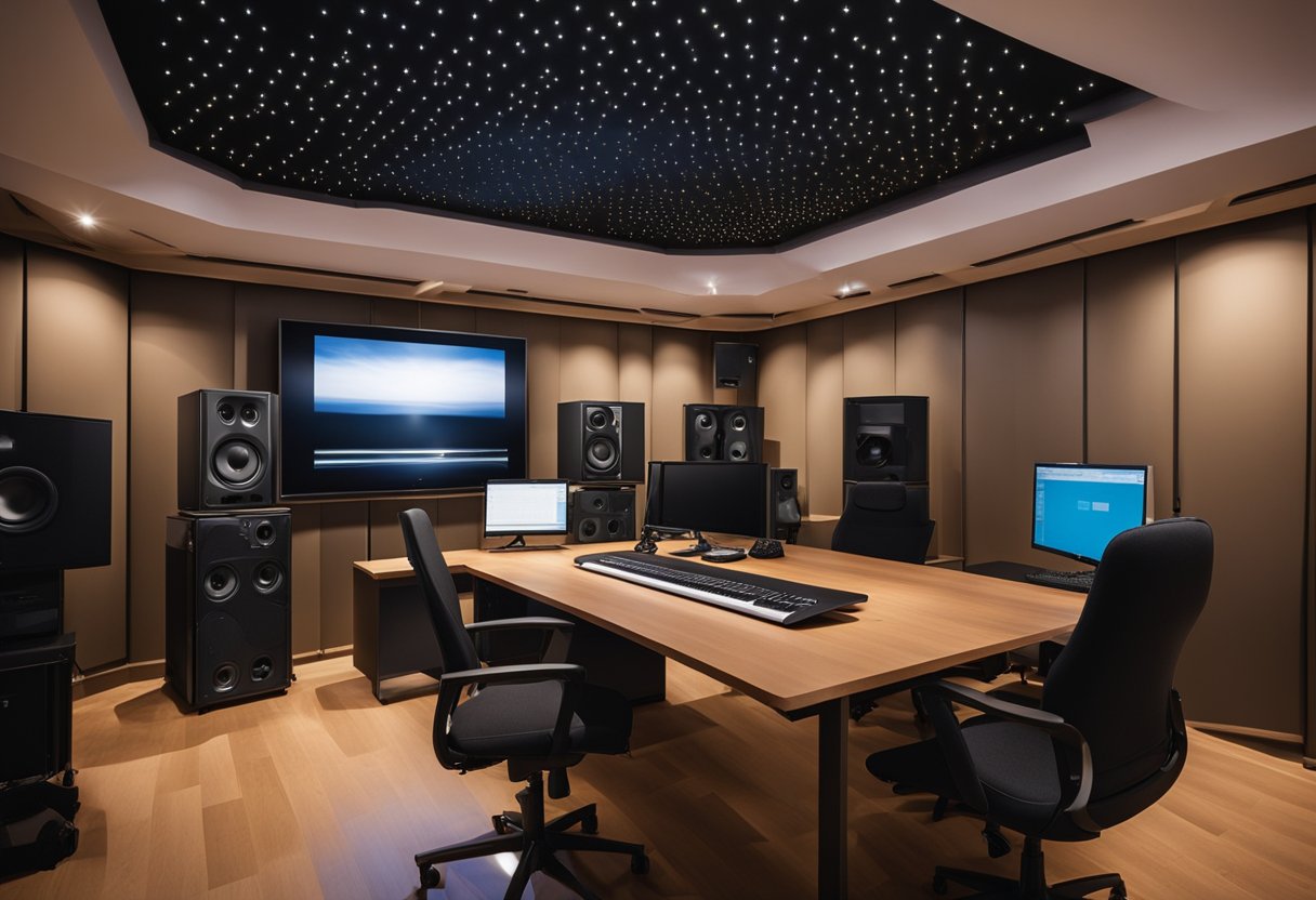 A studio room with acoustic treatment panels on the walls and ceiling. Sound measurement equipment and analysis software on a desk