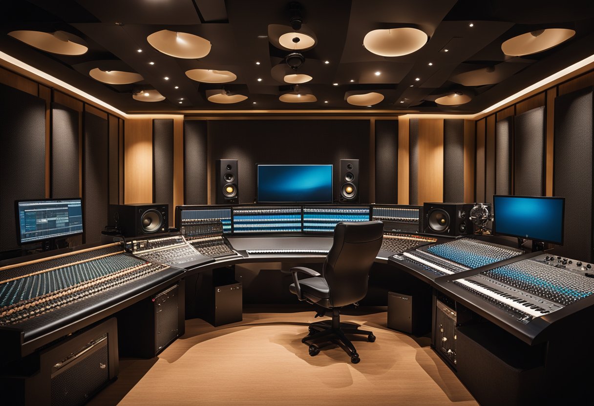A recording studio with acoustic panels on the walls and ceiling, diffusers, bass traps, and sound-absorbing materials to optimize sound quality