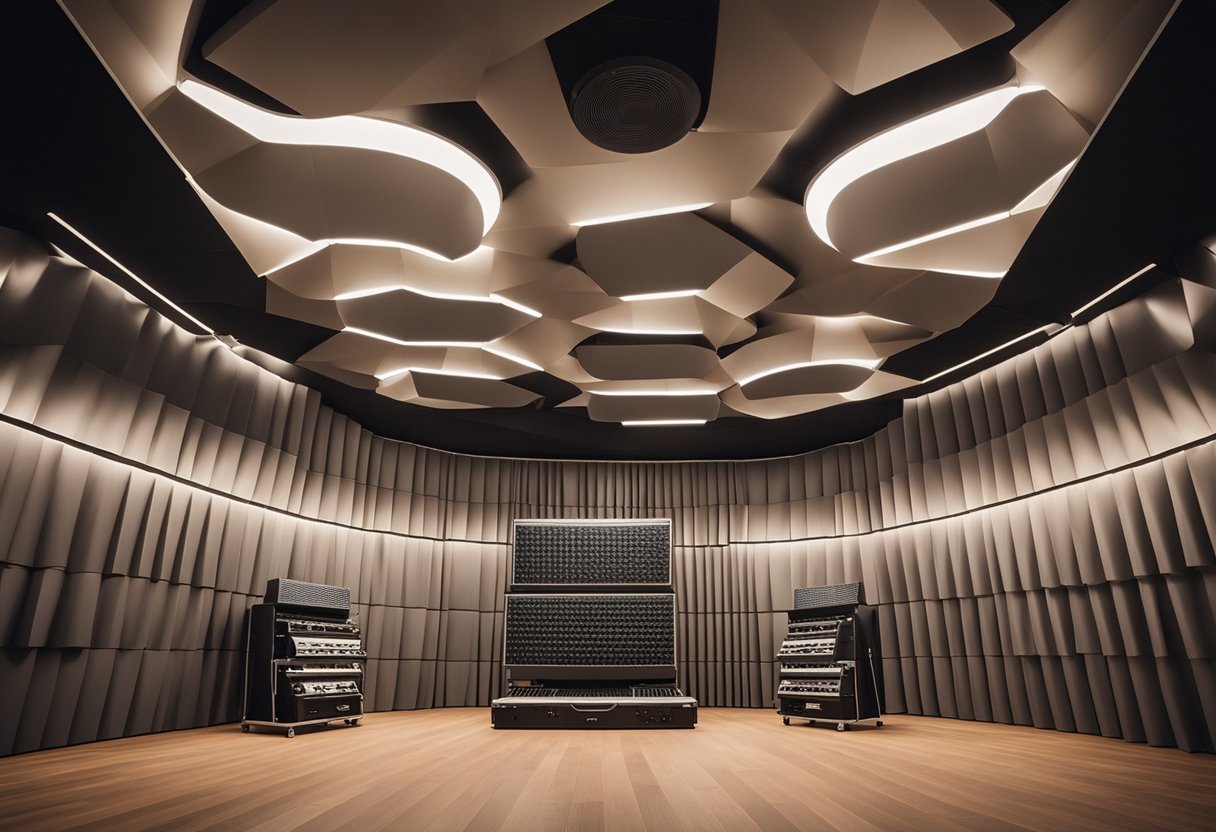 A room with sound-absorbing panels on the walls and ceiling, bass traps in the corners, and diffusers to create a balanced and controlled acoustic environment for music production