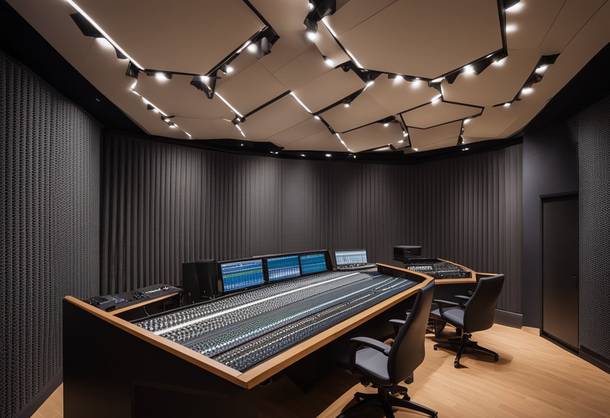 Soundproof panels cover the walls. A mixing console sits in the center of the room. Acoustic diffusers hang from the ceiling