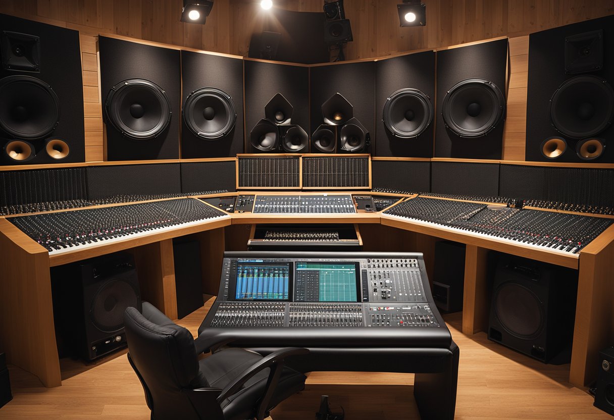 A soundproof studio with acoustic panels, diffusers, and bass traps. Mixing console, monitors, and instruments set up for music production