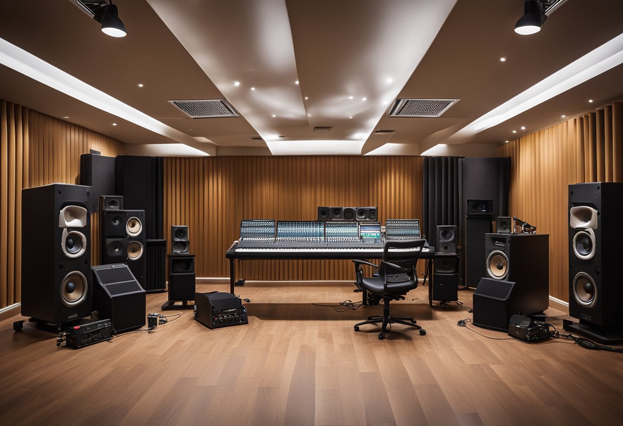 A recording studio with soundproof walls, diffusers, and bass traps. Instruments and speakers are strategically placed for optimal acoustics
