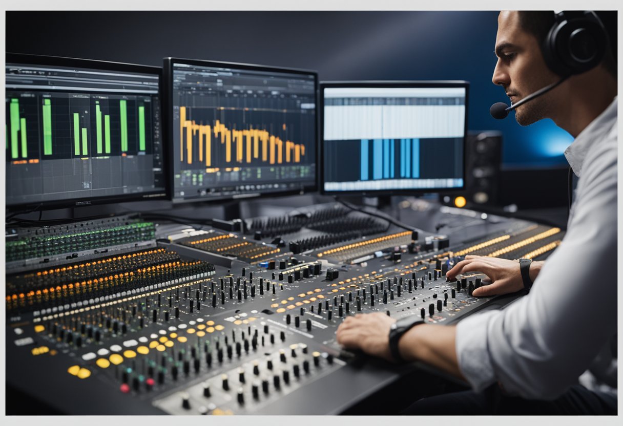 A person at a computer, adjusting sound levels on a mixing board while referencing music notes and production software