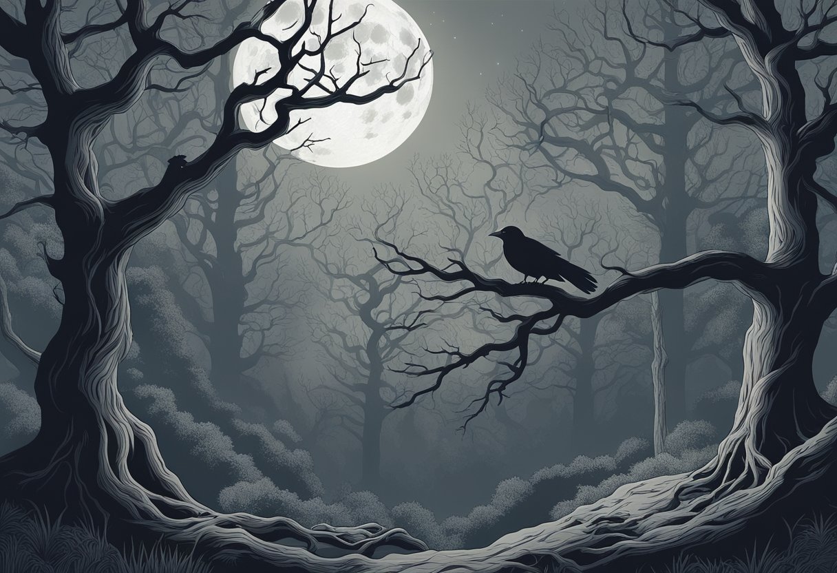 A shadowy forest with twisted trees, a full moon casting an eerie glow, and a lone raven perched on a gnarled branch