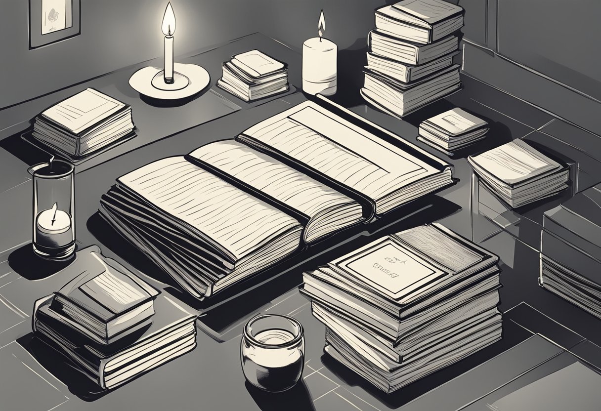 A dimly lit room with a stack of baby name books, a notepad, and a pen on a desk. A candle flickers, casting shadows as the brainstorming begins