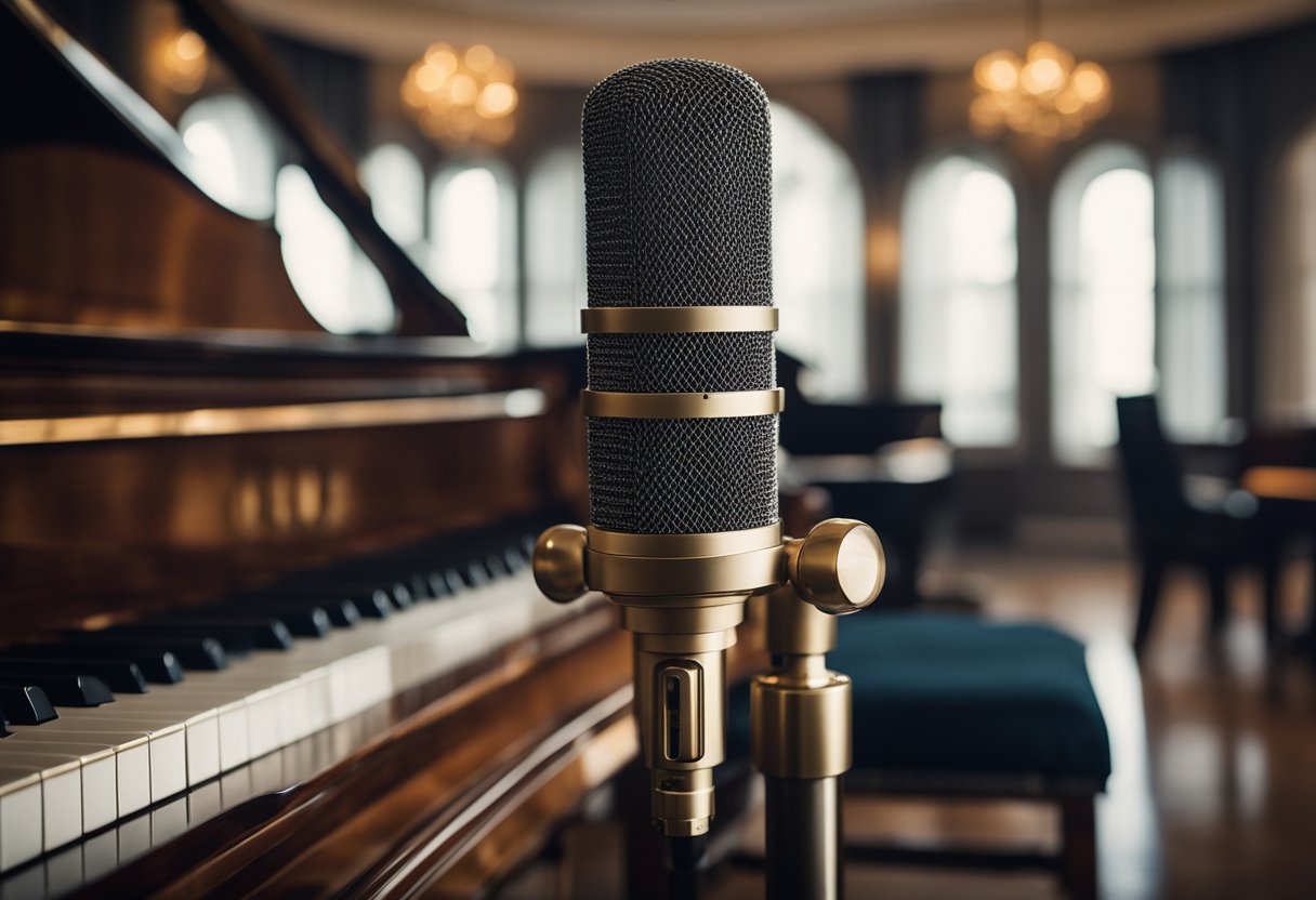 A condenser microphone positioned in front of a grand piano, capturing the rich tones of the instrument