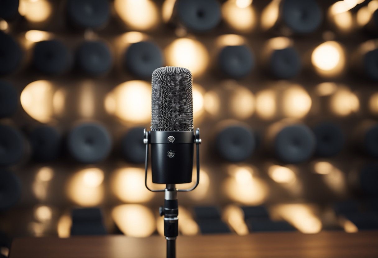 A microphone set up in a soundproof room with acoustic panels on the walls. A variety of microphones and stands are positioned around the room