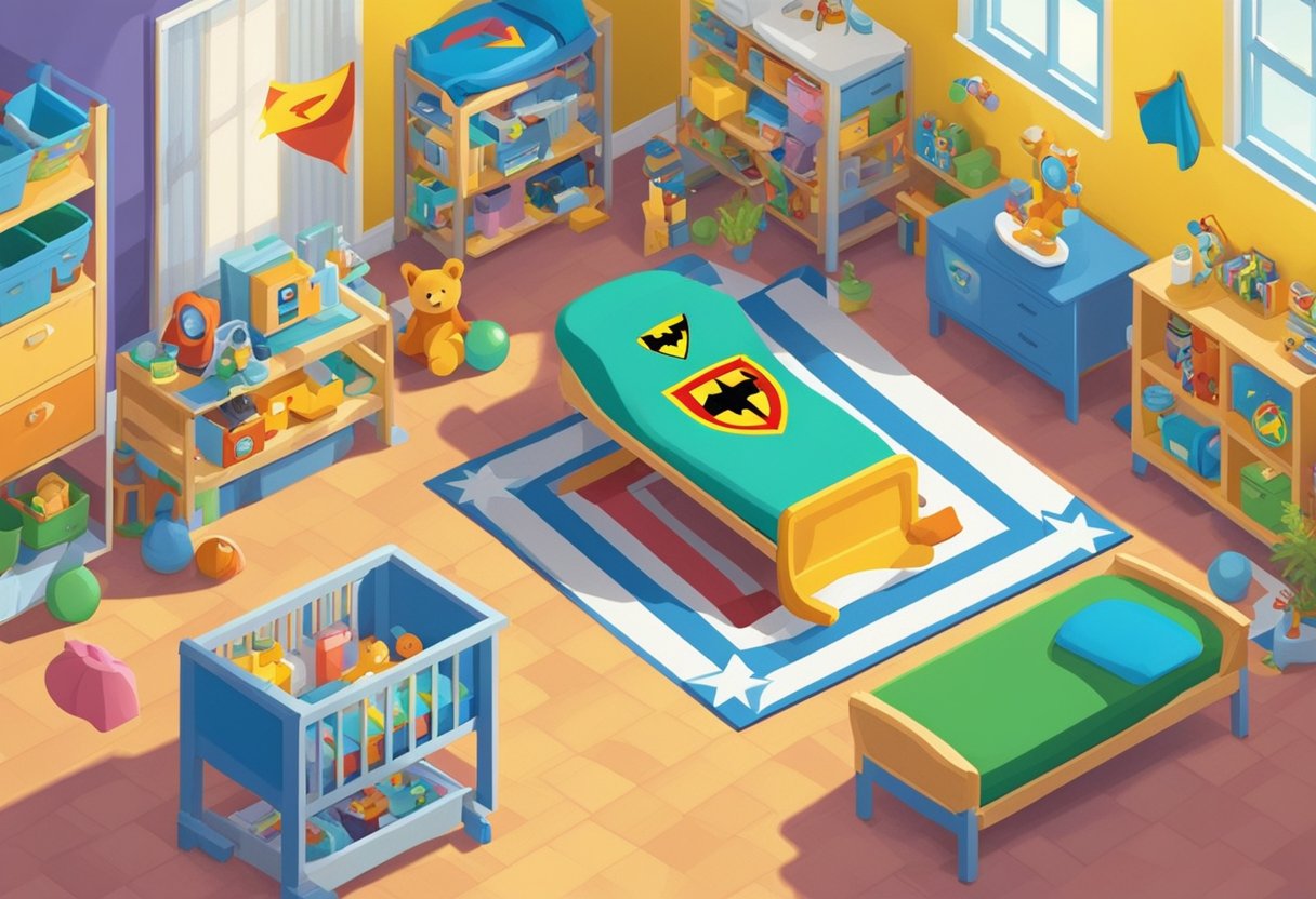 A colorful array of baby items with "DC" themed motifs, such as capes, shields, and superhero logos, scattered around a nursery room