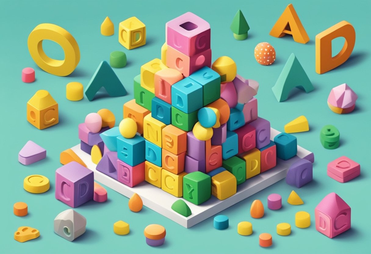 A stack of colorful baby blocks with the letters D and C on them, surrounded by playful toys and nursery decor