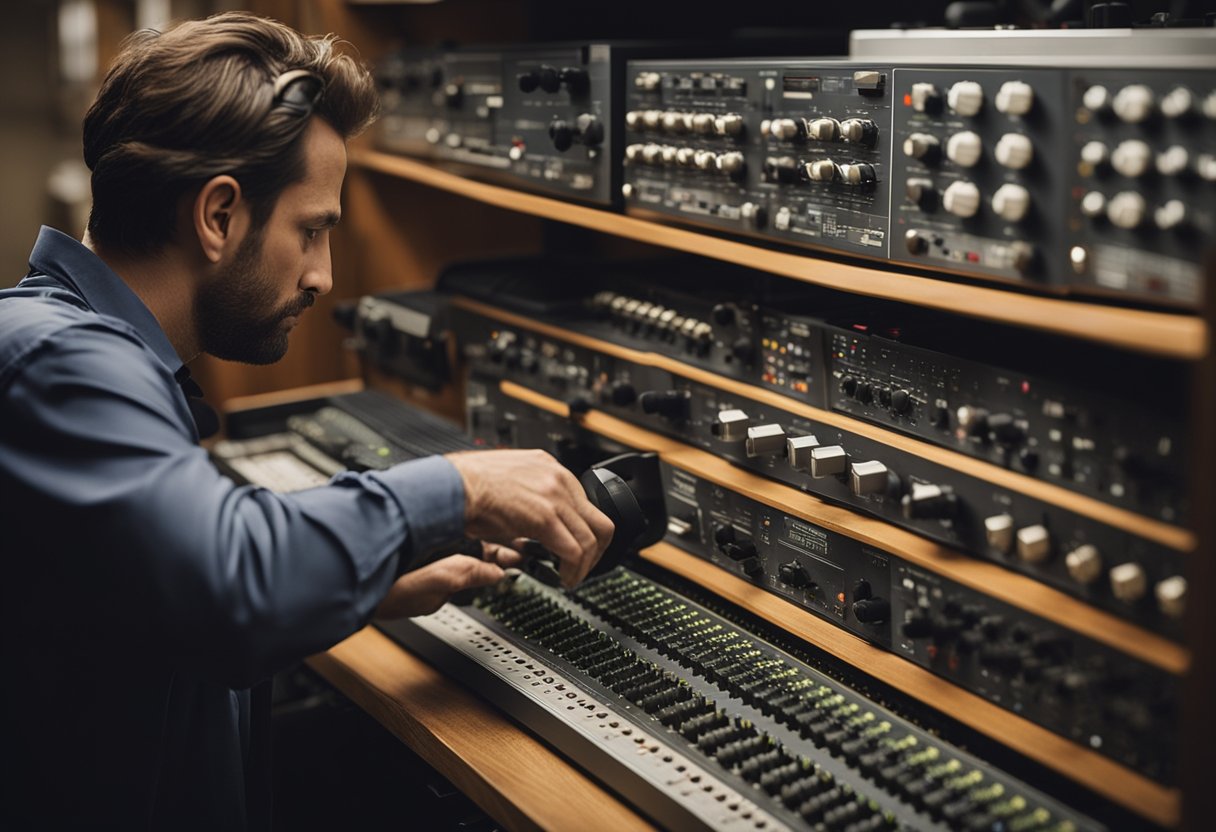 A technician carefully adjusts audio levels on a vintage soundboard, surrounded by shelves of meticulously organized audio recordings and restoration equipment