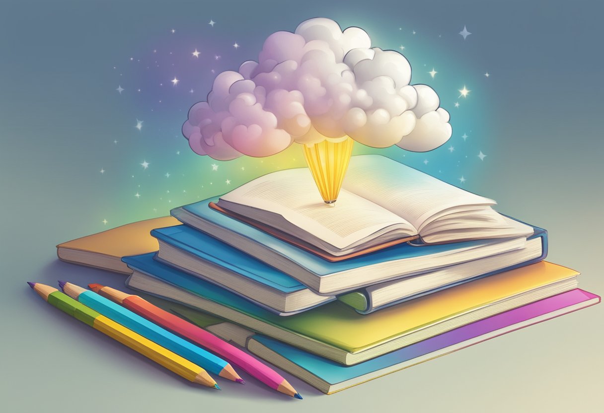 A colorful brainstorm cloud hovers over a stack of baby name books, with a pencil and notebook nearby for jotting down ideas