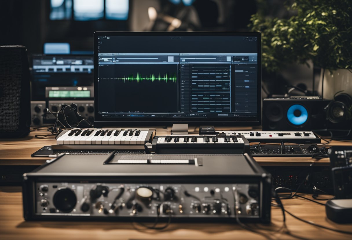Computer screen displaying coding software, MIDI keyboard connected, audio interface with cables, studio monitors, and a guitar nearby