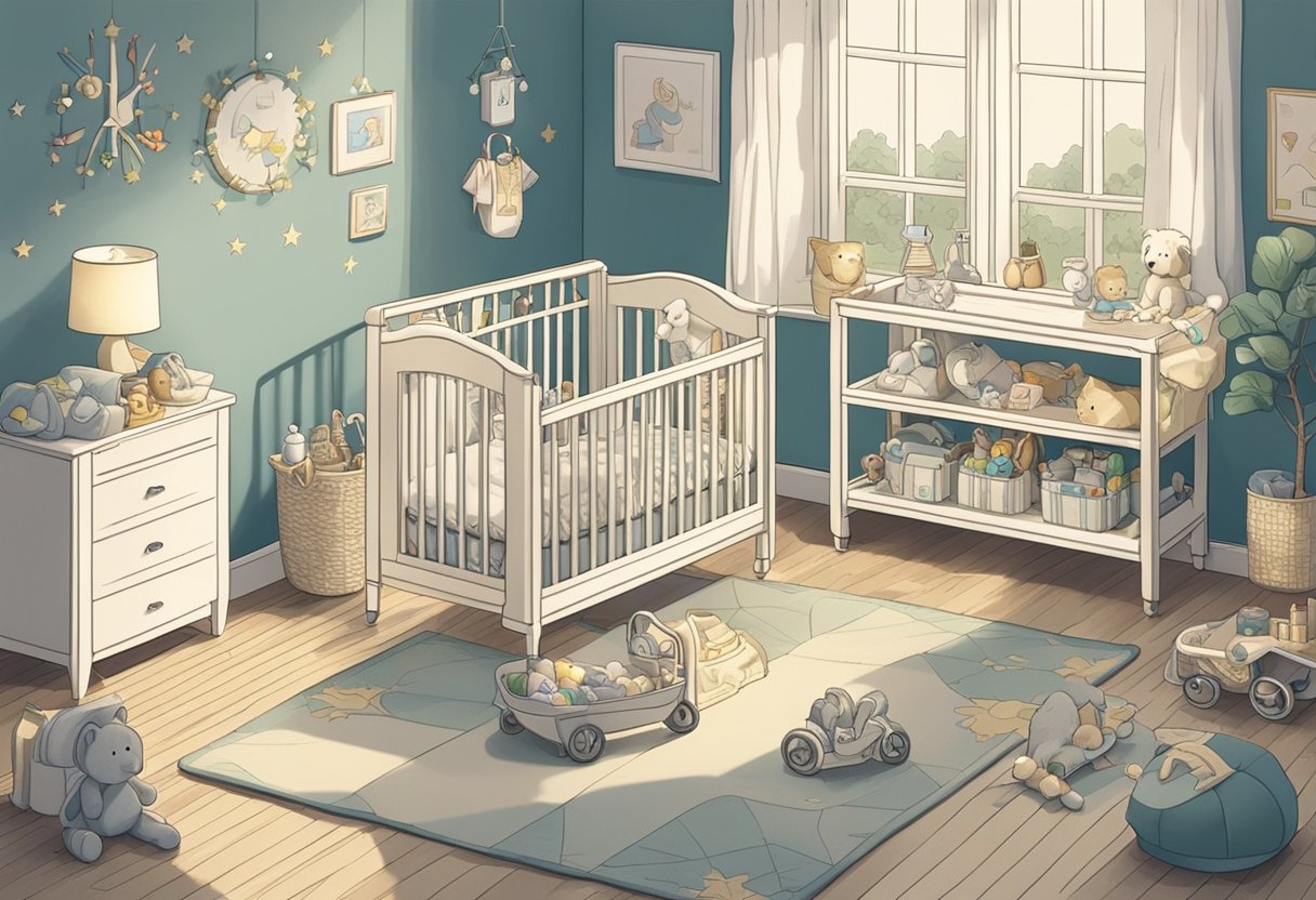 A nursery with "Dean" written on a crib, surrounded by toys and baby essentials