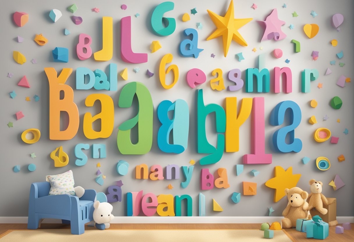 A colorful array of baby names decorates a nursery wall, with "Dean" standing out in bold, playful lettering
