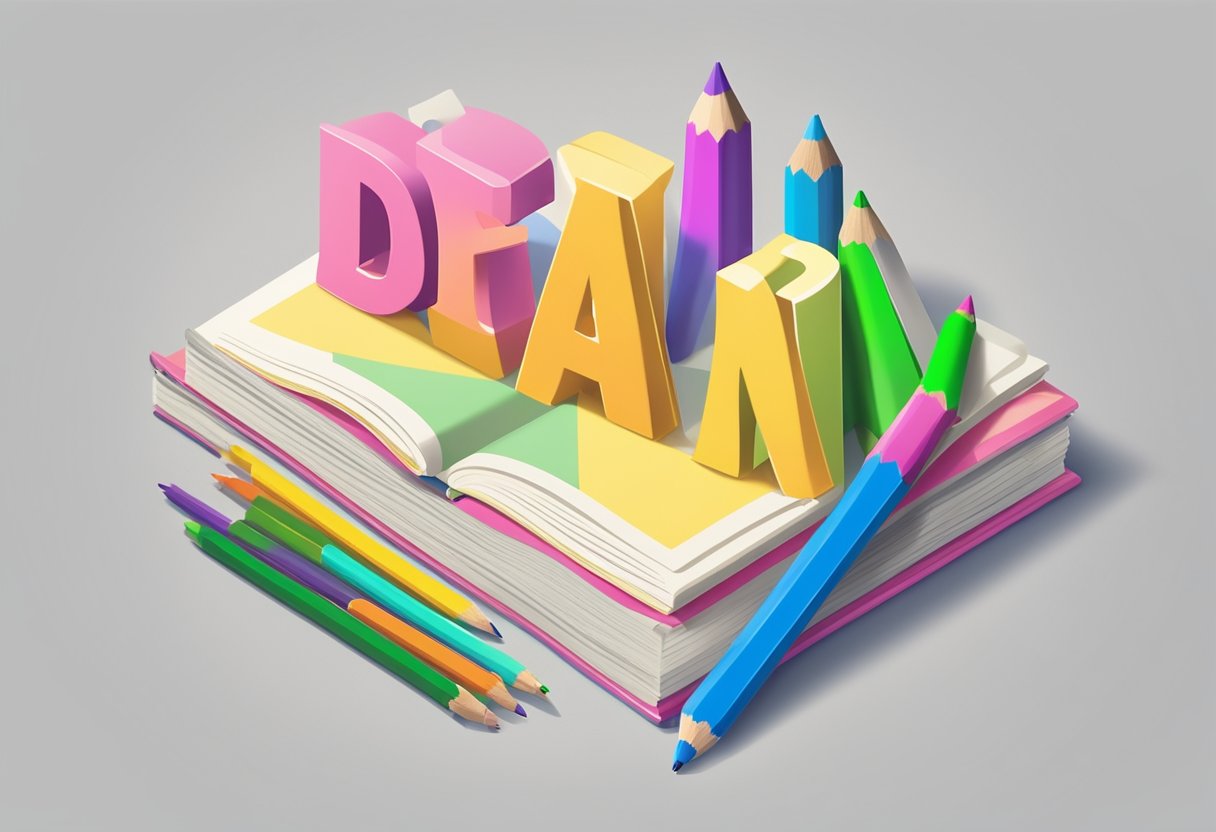 A stack of baby name books surrounded by colorful pencils and a notepad, with the word "dean" written in bold letters